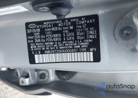 2009 Hyundai Tucson Se из США, поврежденный, VIN KM8JN72D69U000407